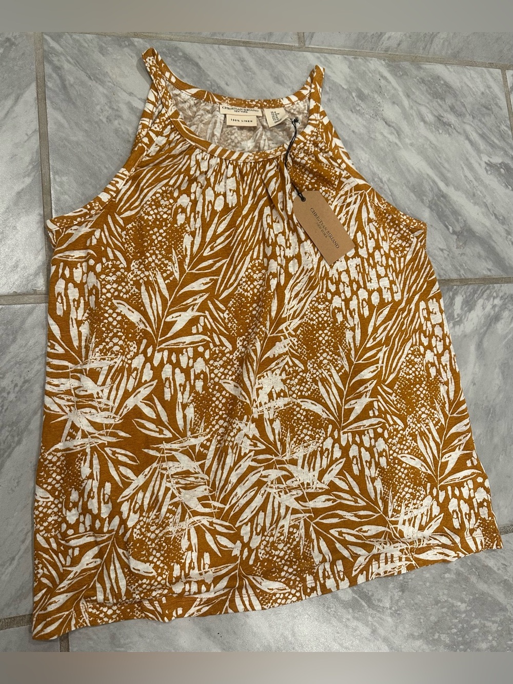 NWT Christian Siriano Womens 100% Linen Tropical Print Top Size M Sleeveless
